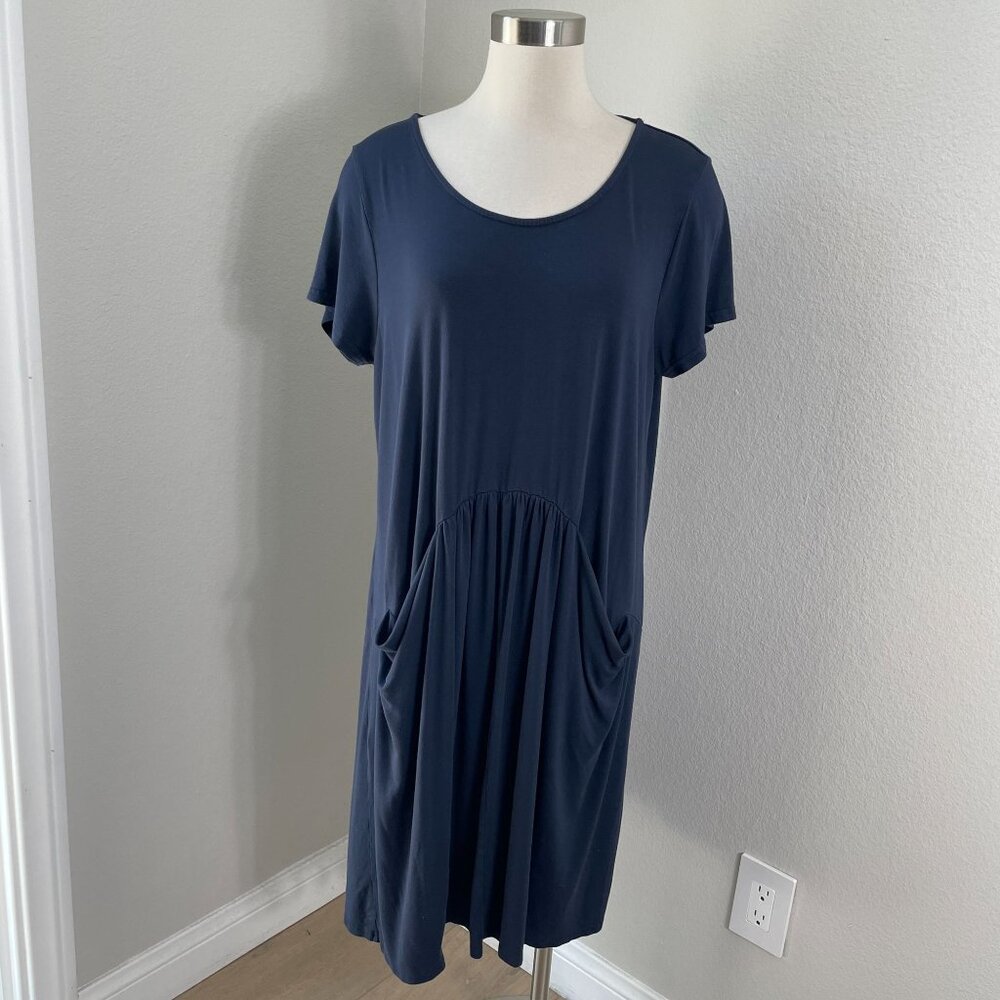 Garnet‎ Hill Womens XL Navy Blue Short Sleeve Pocket Shirt Dress Stretch Casual